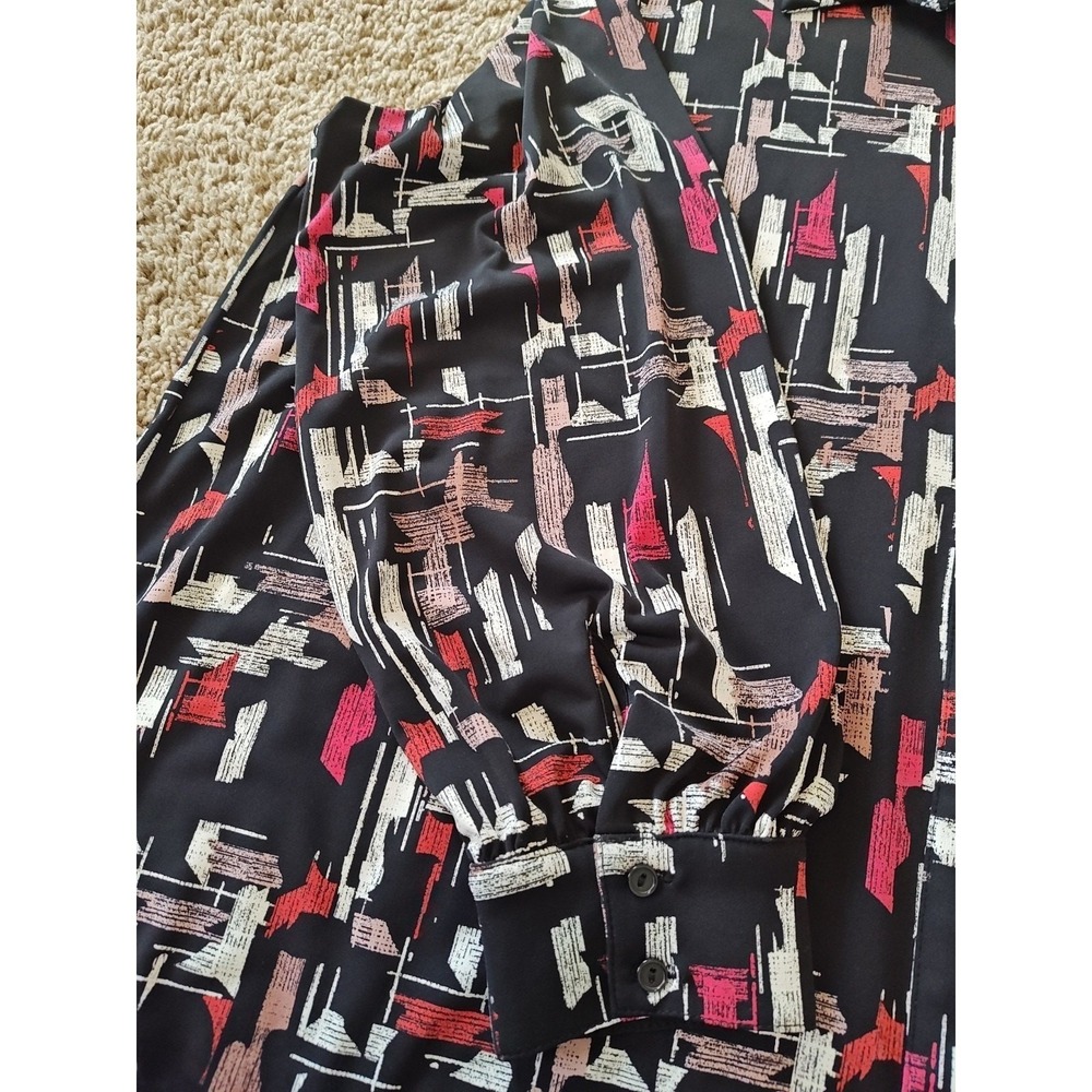 Women Alfani Blouse XL Black Abstract Button-Down Long Sleeve Relaxed Regular - Picture 4 of 13